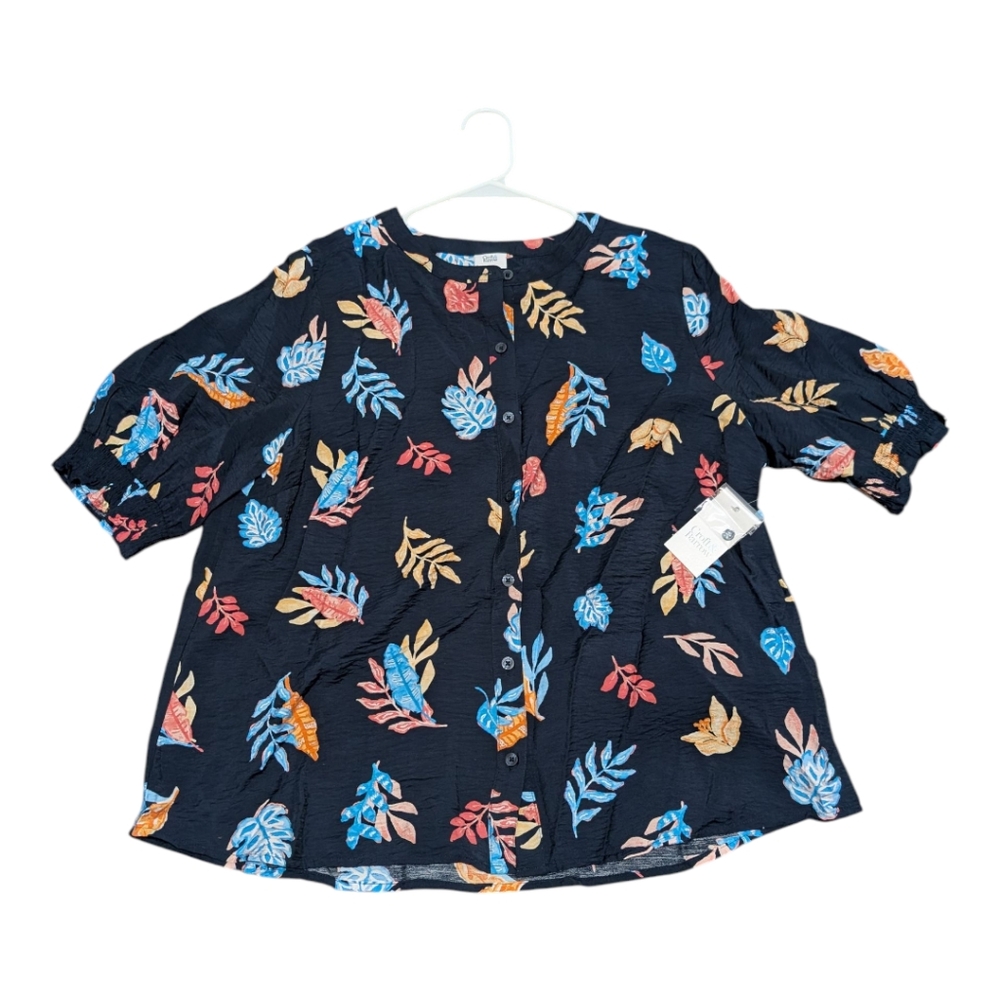 Croft & Barrow Multicolor Leaf Printed Blouse Top Blue Women's Large
